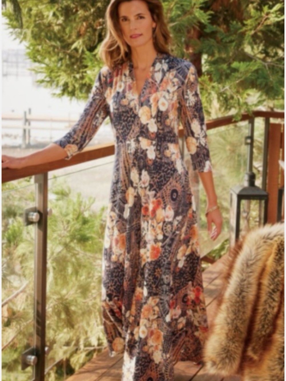 Soft Surroundings Floral Print V Neck Maxi Dress 3/4 Sleeve Size Large $160